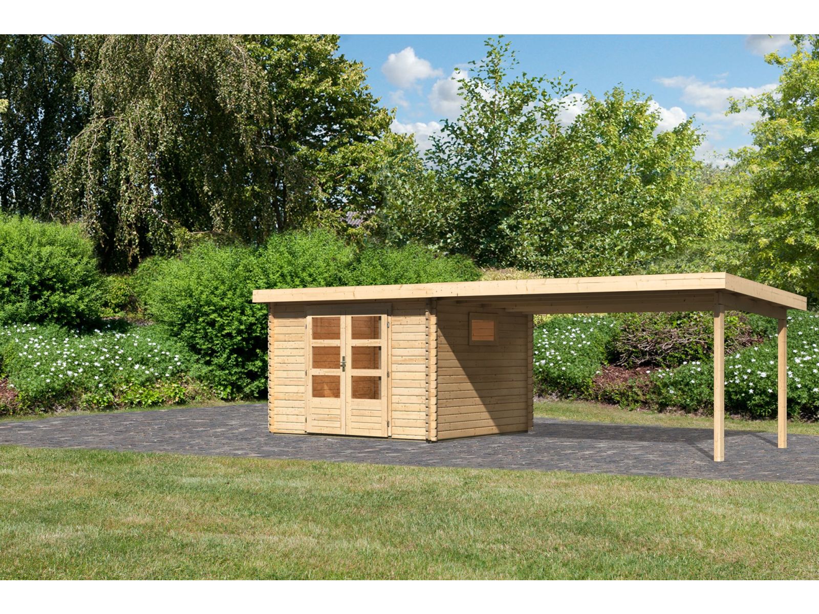 Karibu Gartenhaus Trittau 3 natur mit Anbaudach 4,4 m