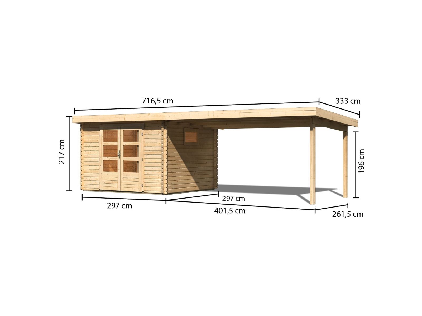 Karibu Gartenhaus Trittau 3 natur mit Anbaudach 4,4 m
