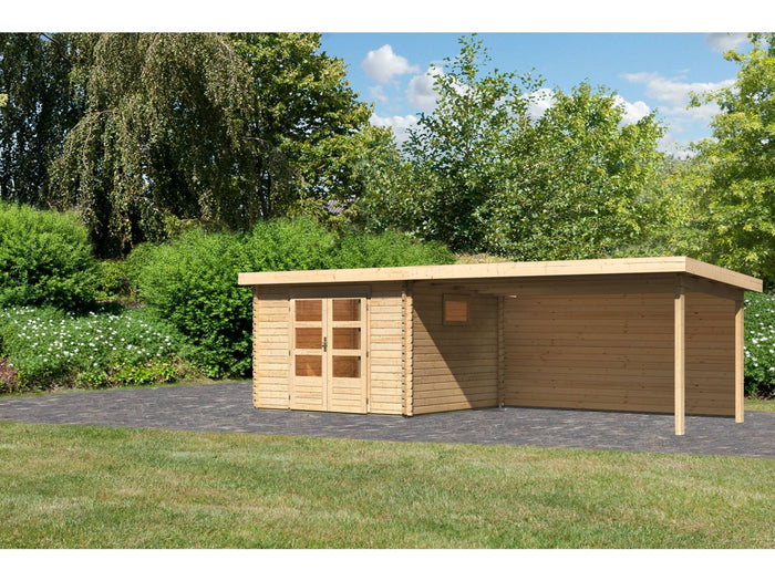 Karibu Gartenhaus Trittau 3 natur mit Anbaudach 4,4 m inkl. Rückwand