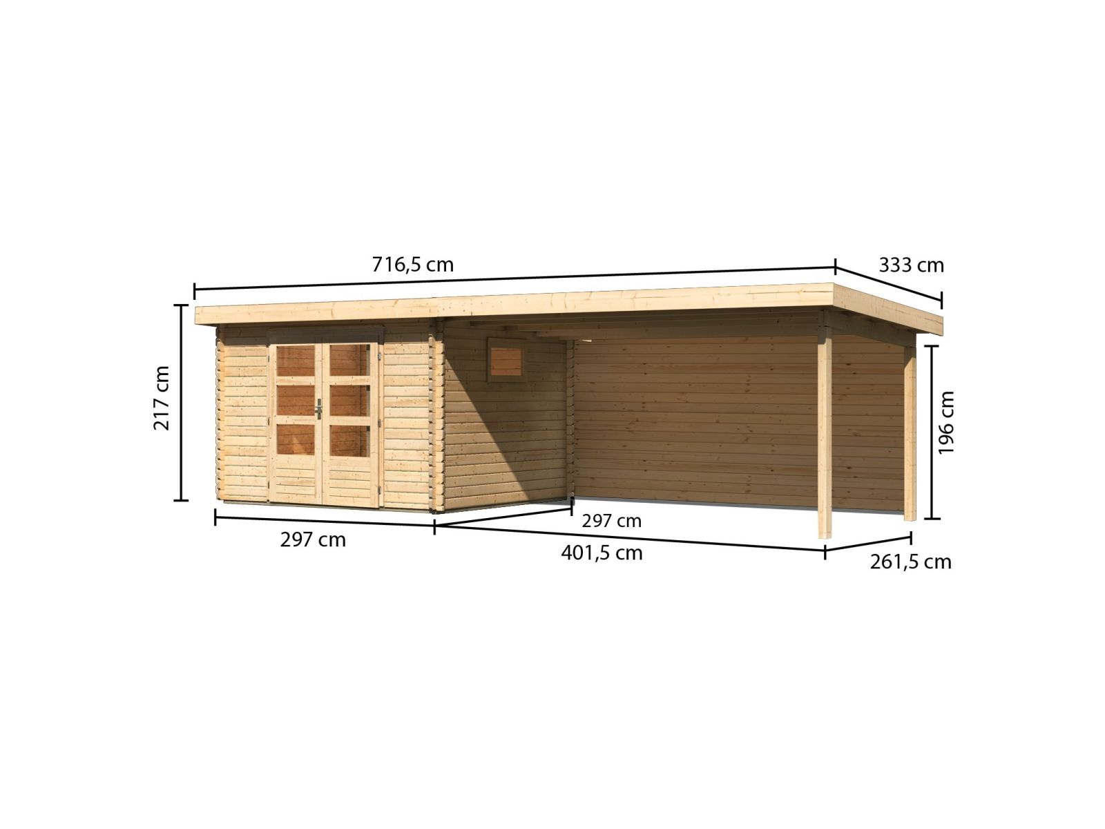 Karibu Gartenhaus Trittau 3 natur mit Anbaudach 4,4 m inkl. Rückwand