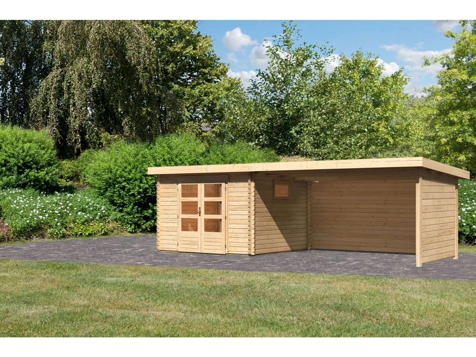 Karibu Gartenhaus Trittau 3 natur mit Anbaudach 4,4 m inkl. Rück- und Seitenwand