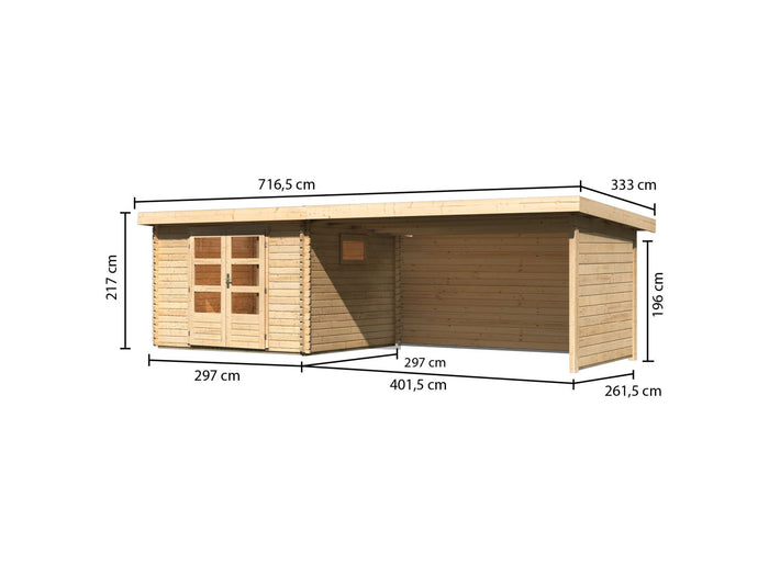 Karibu Gartenhaus Trittau 3 natur mit Anbaudach 4,4 m inkl. Rück- und Seitenwand