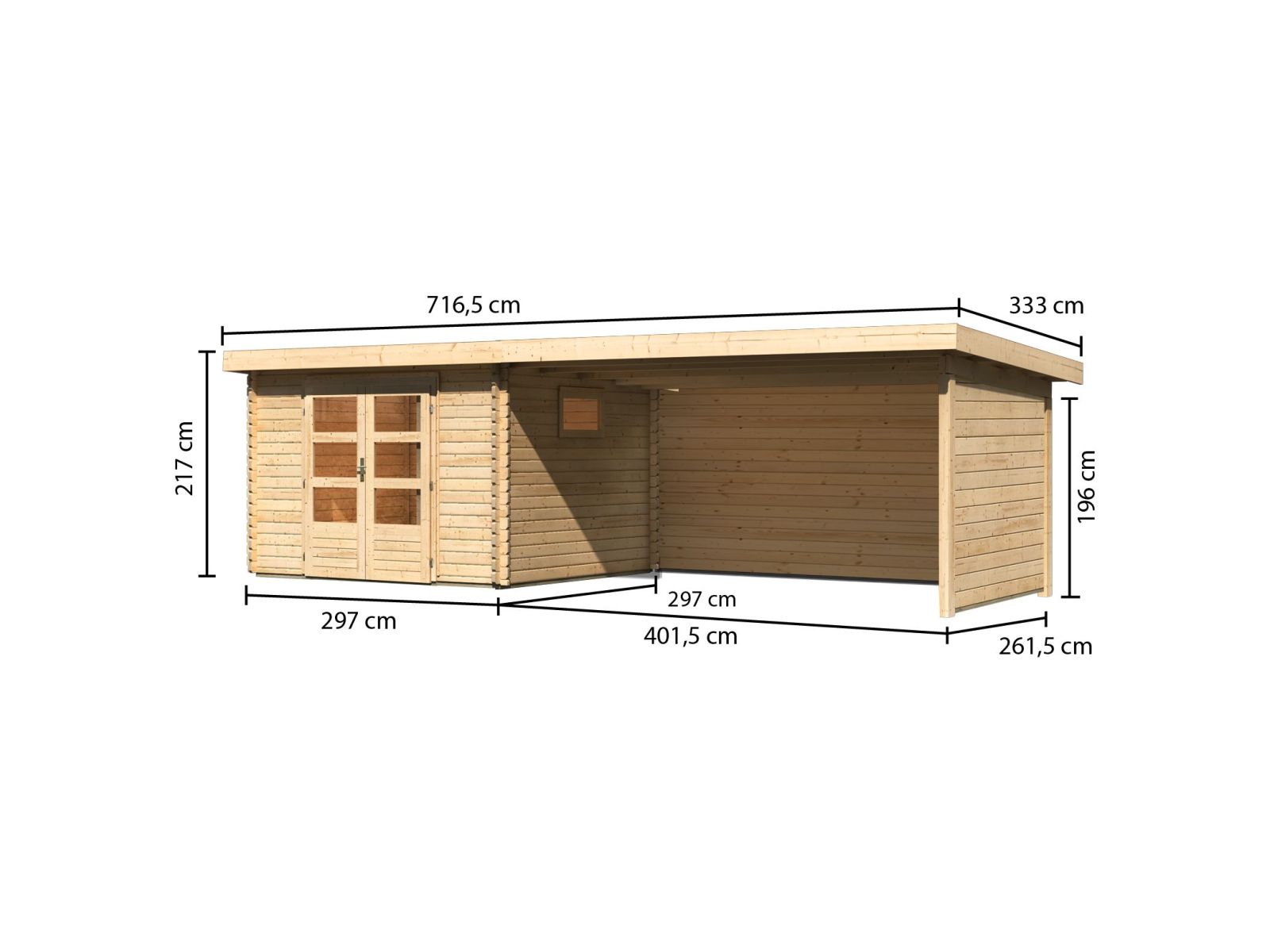 Karibu Gartenhaus Trittau 3 natur mit Anbaudach 4,4 m inkl. Rück- und Seitenwand
