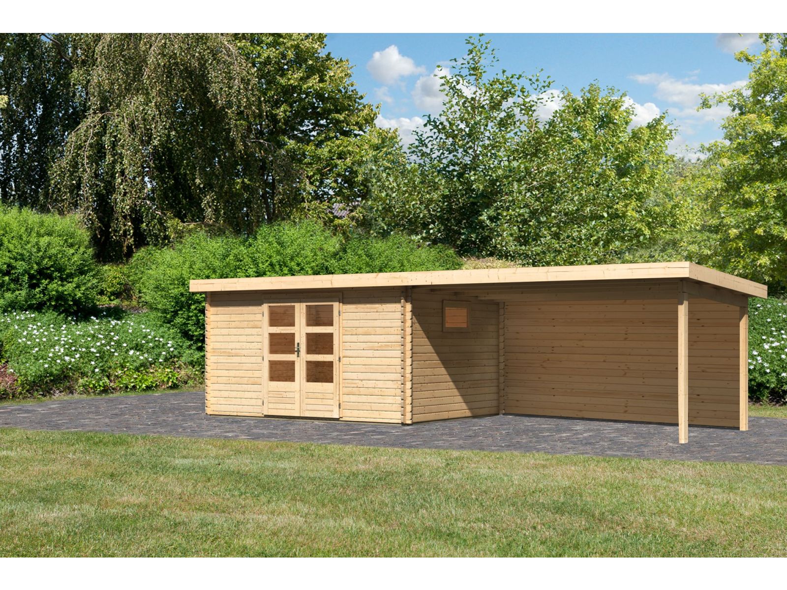 Karibu Gartenhaus Trittau 5 inkl. Anbaudach 4,4 m mit Rückwand