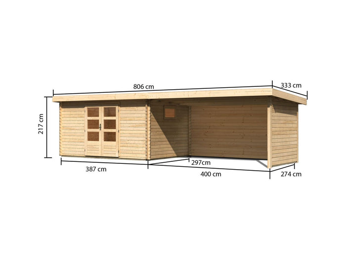 Karibu Gartenhaus Trittau 5 inkl. Anbaudach 4,4 m mit Rück- und Seitenwand