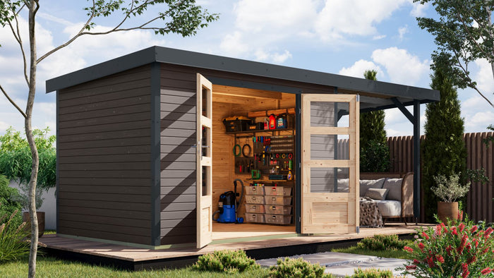 Karibu Hybrid Gartenhaus Jupiter 4 B terragrau/anthrazit, inkl. 2,35 m Anbaudach