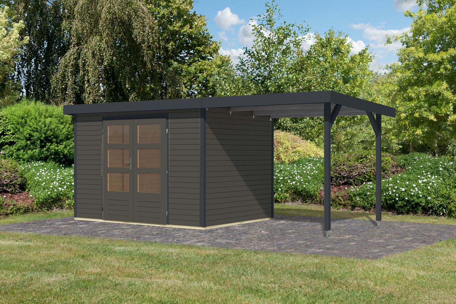 Karibu Hybrid Gartenhaus Jupiter 4 B terragrau/anthrazit, inkl. 2,35 m Anbaudach