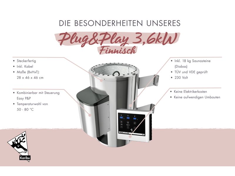 Karibu Saunaofen Plug & Play 3,6 kW externe Steuerung steckerfertig