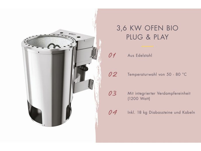 Karibu Bio-Saunaofen Plug & Play 3,6 kW externe Steuerung steckerfertig