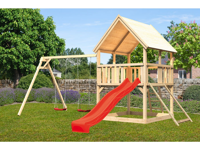 Karibu Spielturm Luis Satteldach + Rutsche rot + Doppelschaukel + Netzrampe
