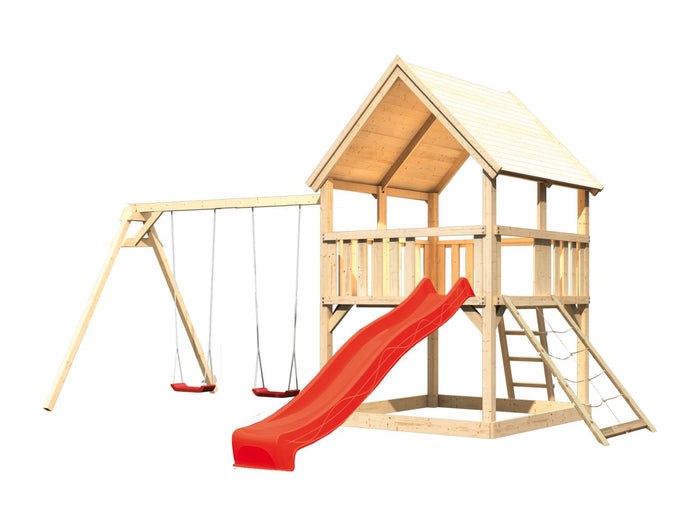 Karibu Spielturm Luis Satteldach + Rutsche rot + Doppelschaukel + Netzrampe