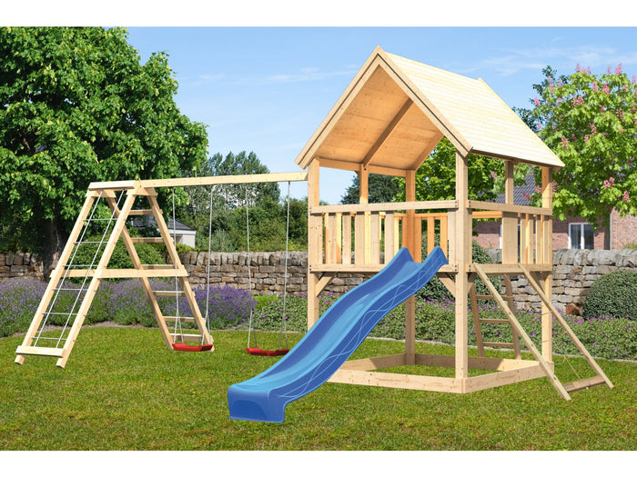 Karibu Spielturm Luis Satteldach + Rutsche blau + Doppelschaukelanbau Klettergerüst + Netzrampe
