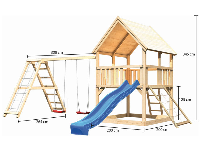 Karibu Spielturm Luis Satteldach + Rutsche blau + Doppelschaukelanbau Klettergerüst + Netzrampe