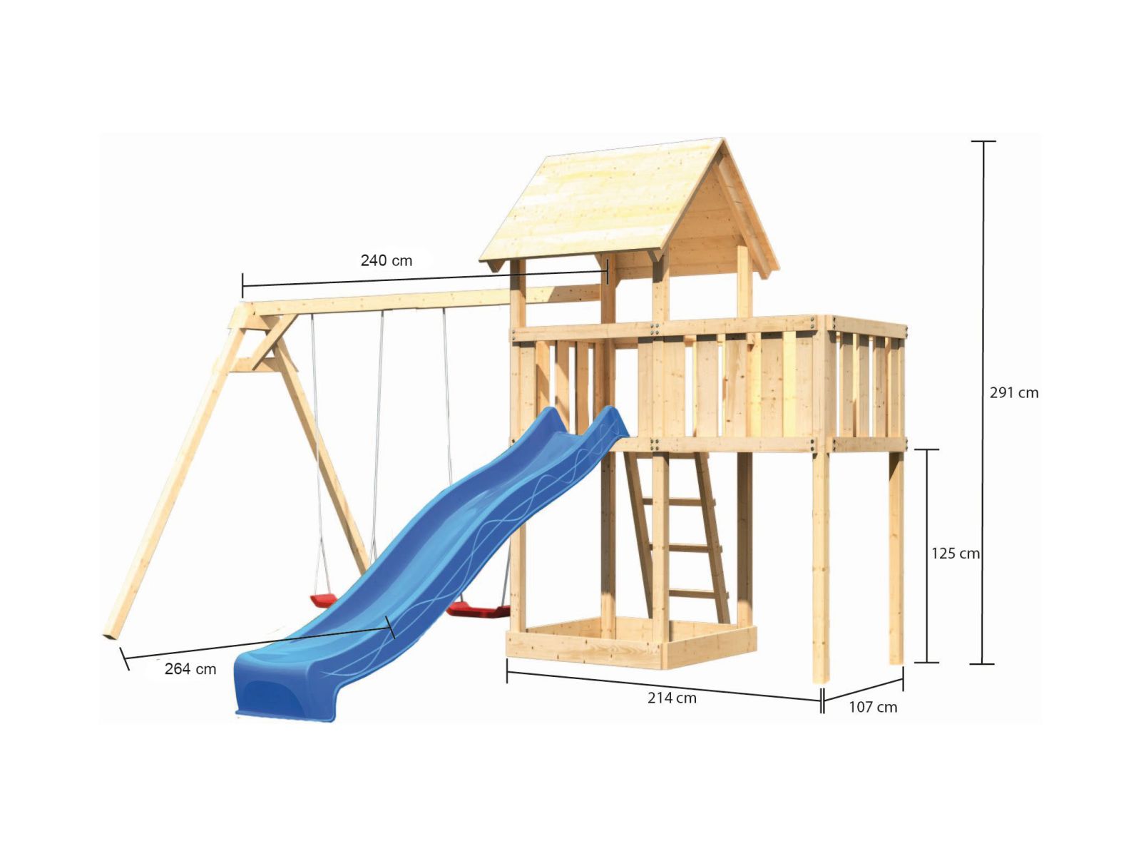 Karibu Spielturm Lotti natur- Anbauplattform- Doppelschaukel- Rutsche blau