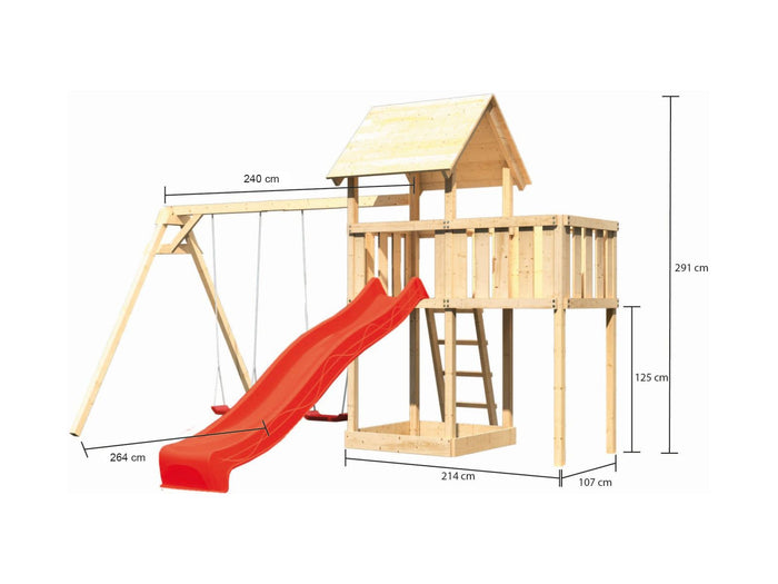 Karibu Spielturm Lotti natur- Anbauplattform- Doppelschaukel- Rutsche rot