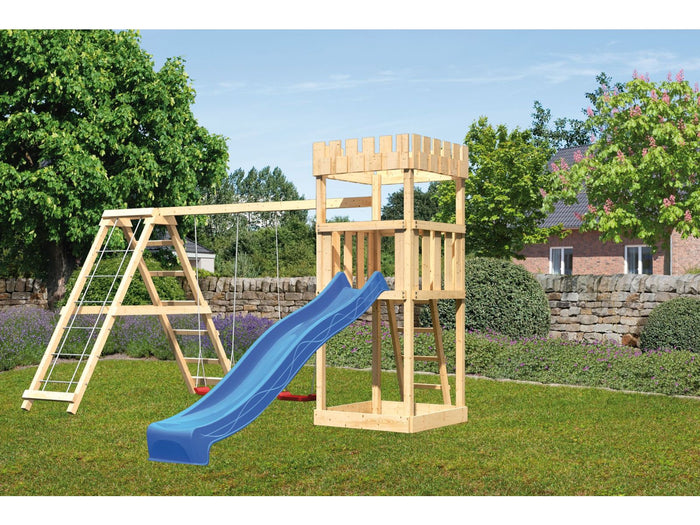 Karibu Ritterburg Löwenherz + Rutsche blau + Doppelschaukelanbau Klettergerüst