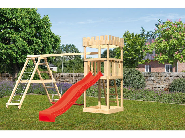 Karibu Ritterburg Löwenherz + Rutsche rot + Doppelschaukelanbau Klettergerüst