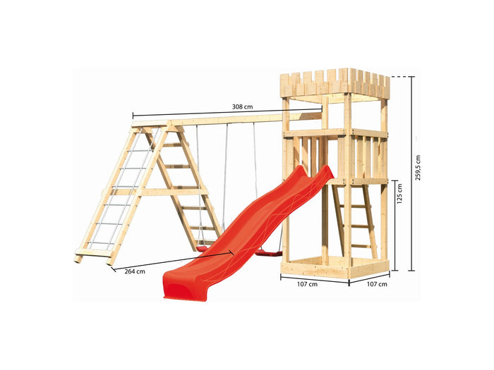 Karibu Ritterburg Löwenherz + Rutsche rot + Doppelschaukelanbau Klettergerüst