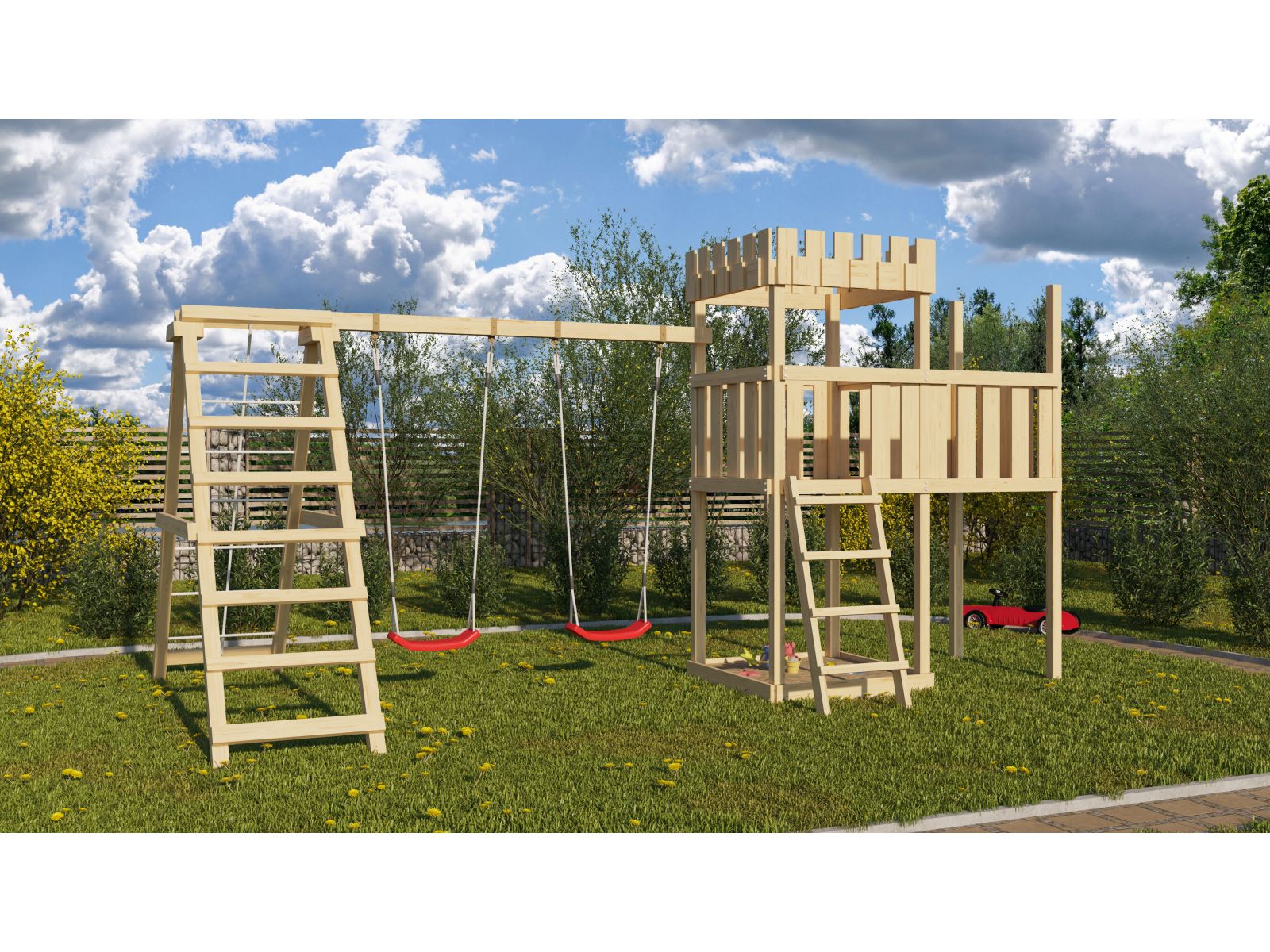 Karibu Ritterburg Löwenherz + Doppelschaukelanbau Klettergerüst + Anbauplattform