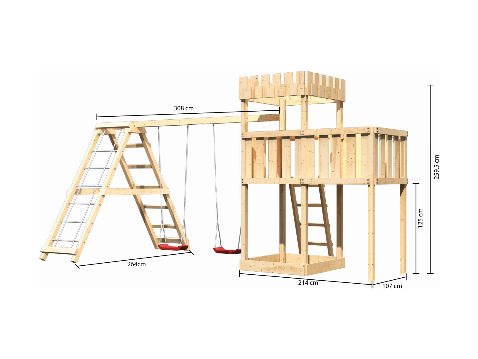Karibu Ritterburg Löwenherz + Doppelschaukelanbau Klettergerüst + Anbauplattform
