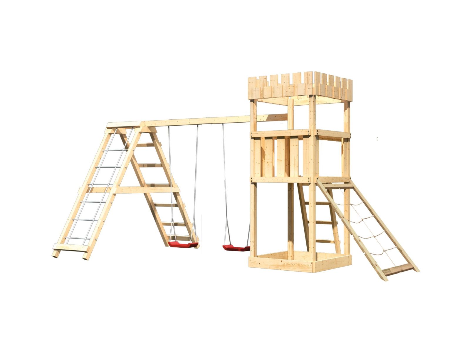 Karibu Ritterburg Löwenherz + Doppelschaukelanbau Klettergerüst + Netzrampe