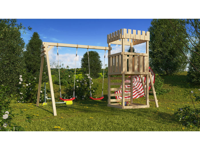 Karibu Ritterburg Löwenherz + Doppelschaukel + Kletterwand