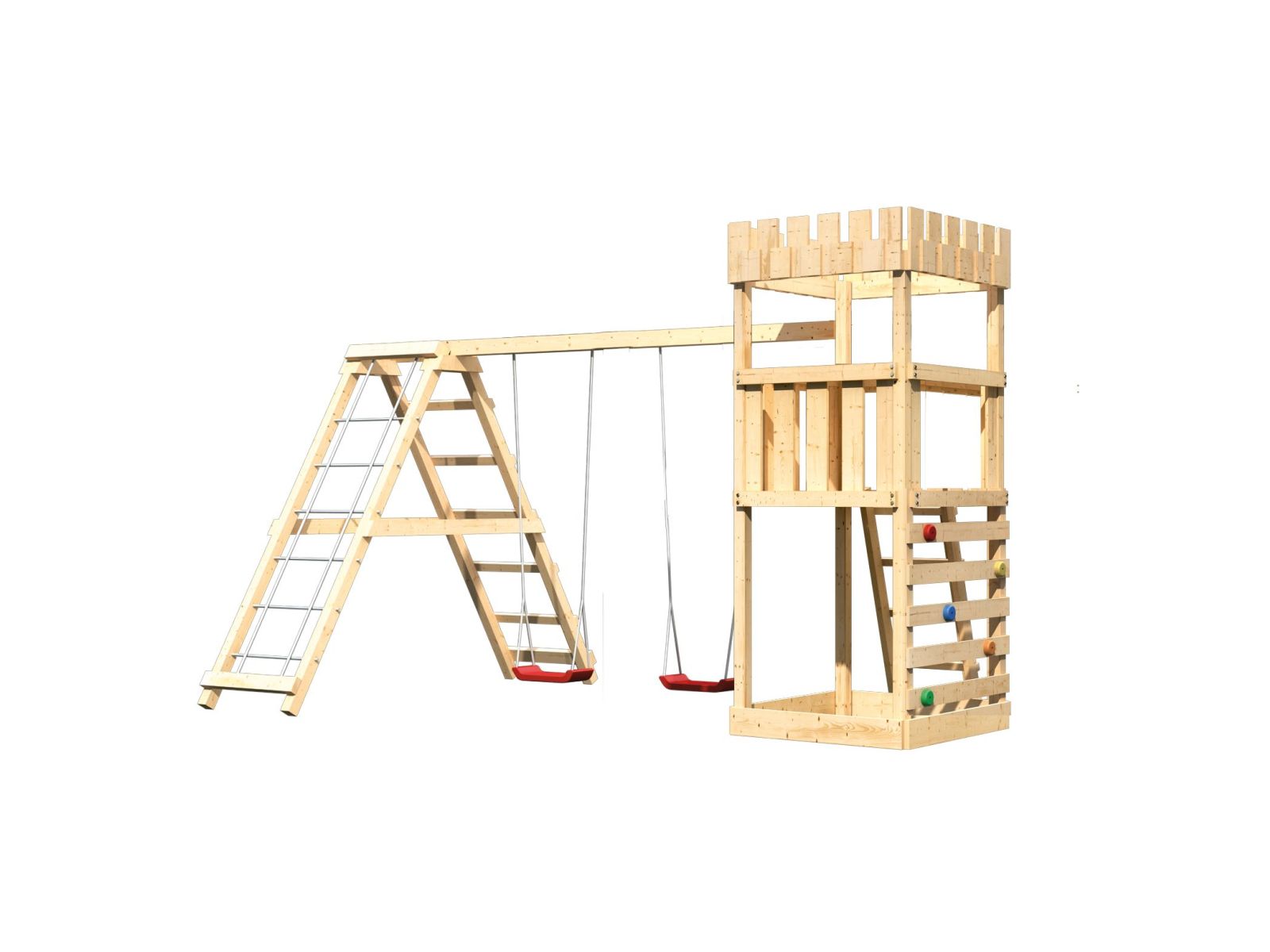 Karibu Ritterburg Löwenherz + Doppelschaukelanbau Klettergerüst + Kletterwand