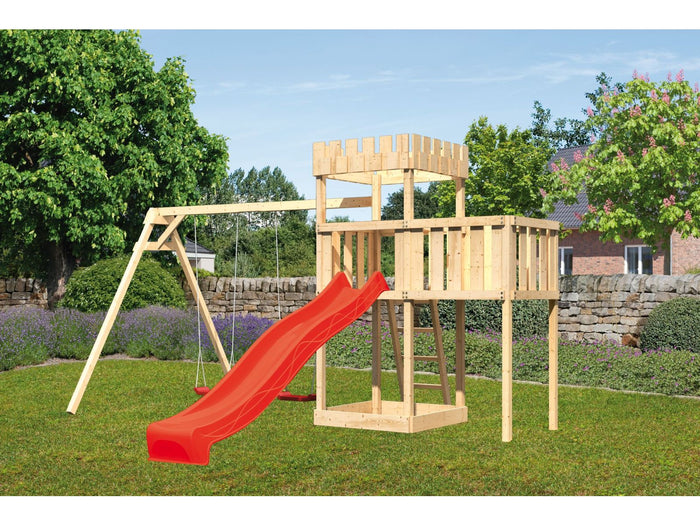 Karibu Ritterburg Löwenherz + Rutsche + Doppelschaukel + Anbauplattform