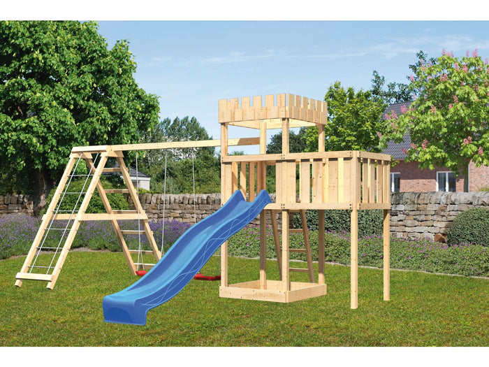 Karibu Ritterburg Löwenherz + Rutsche + Doppelschaukelanbau Klettergerüst + Anbauplattform