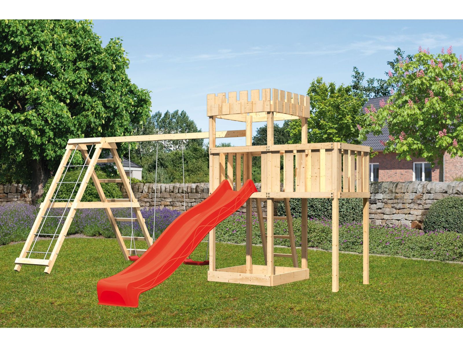 Karibu Ritterburg Löwenherz + Rutsche + Doppelschaukelanbau Klettergerüst + Anbauplattform