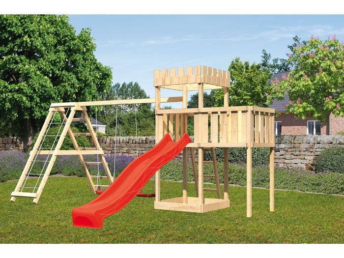 Karibu Ritterburg Löwenherz + Rutsche + Doppelschaukelanbau Klettergerüst + Anbauplattform