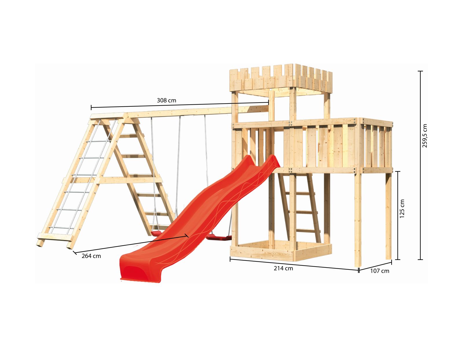 Karibu Ritterburg Löwenherz + Rutsche + Doppelschaukelanbau Klettergerüst + Anbauplattform