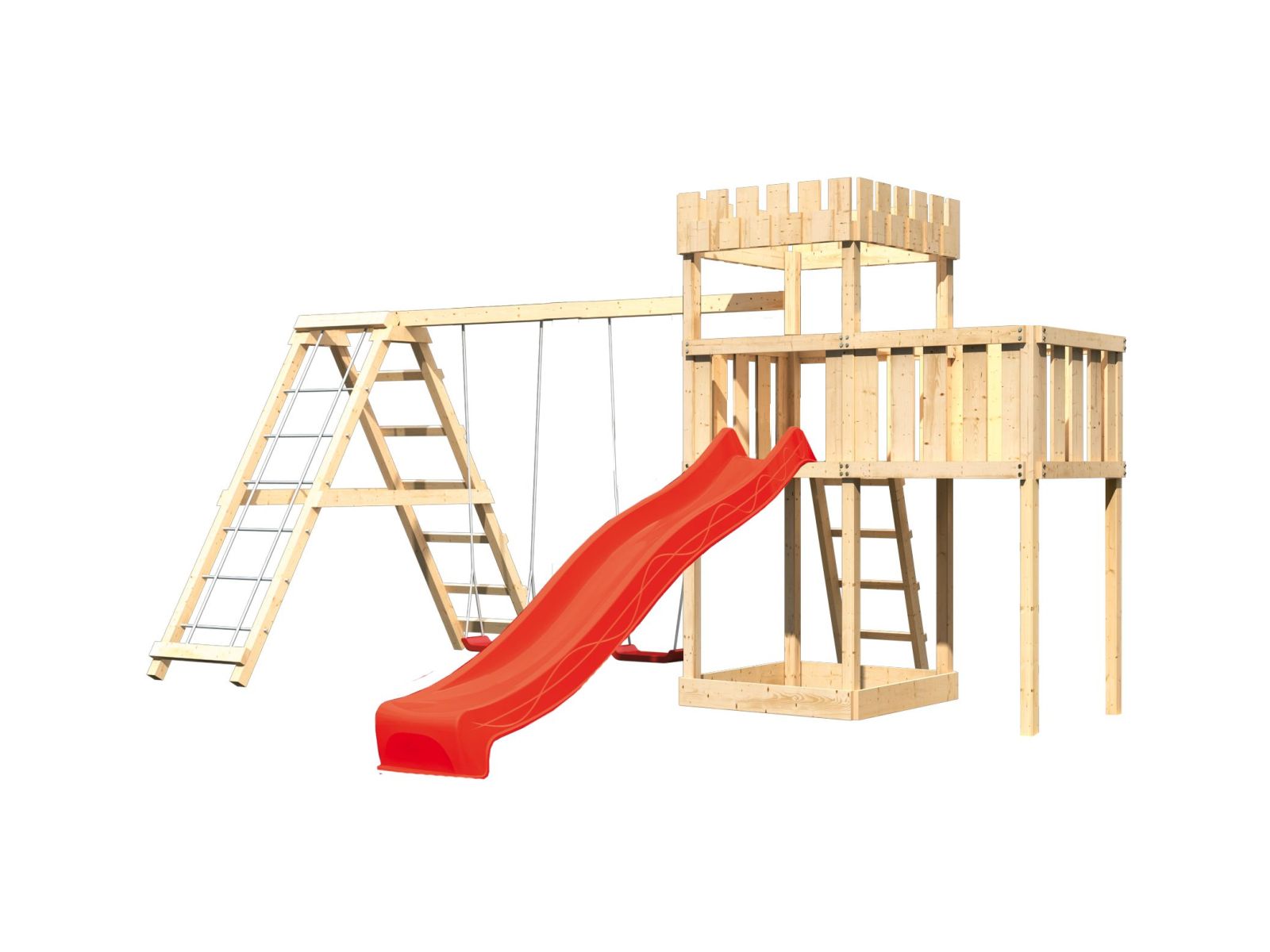 Karibu Ritterburg Löwenherz + Rutsche + Doppelschaukelanbau Klettergerüst + Anbauplattform