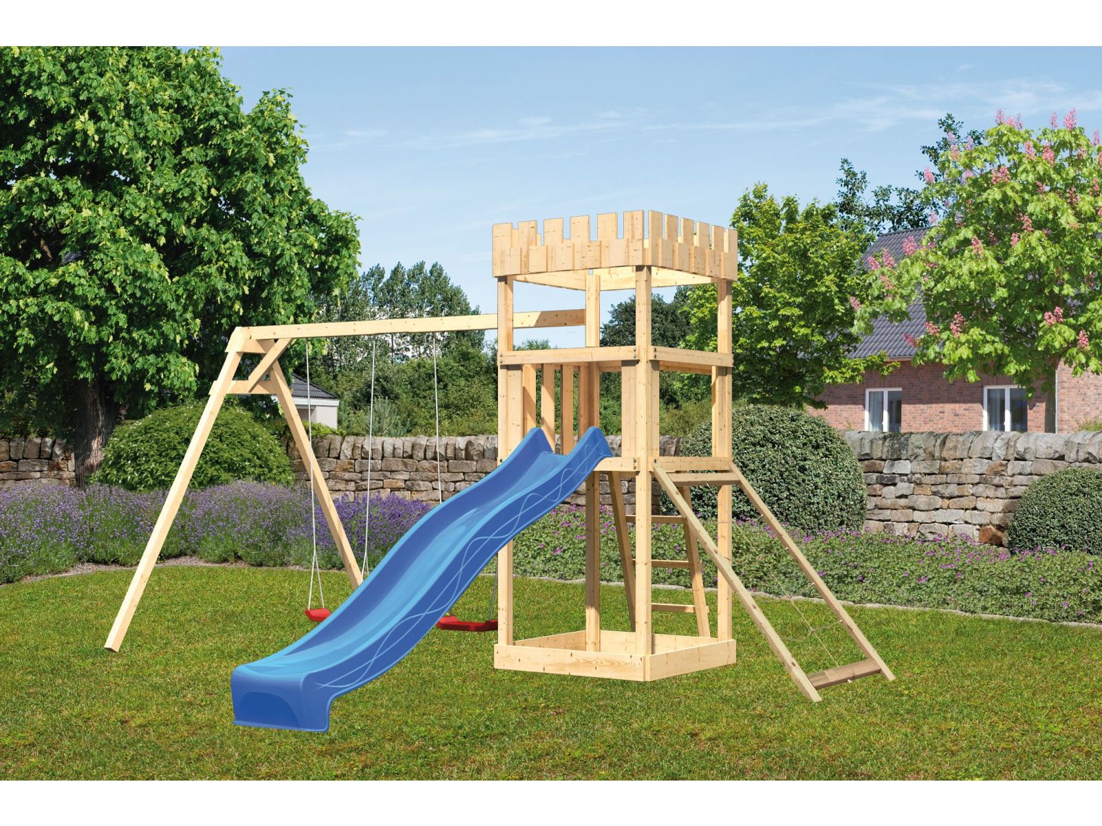 Karibu Ritterburg Löwenherz + Rutsche + Doppelschaukel + Netzrampe