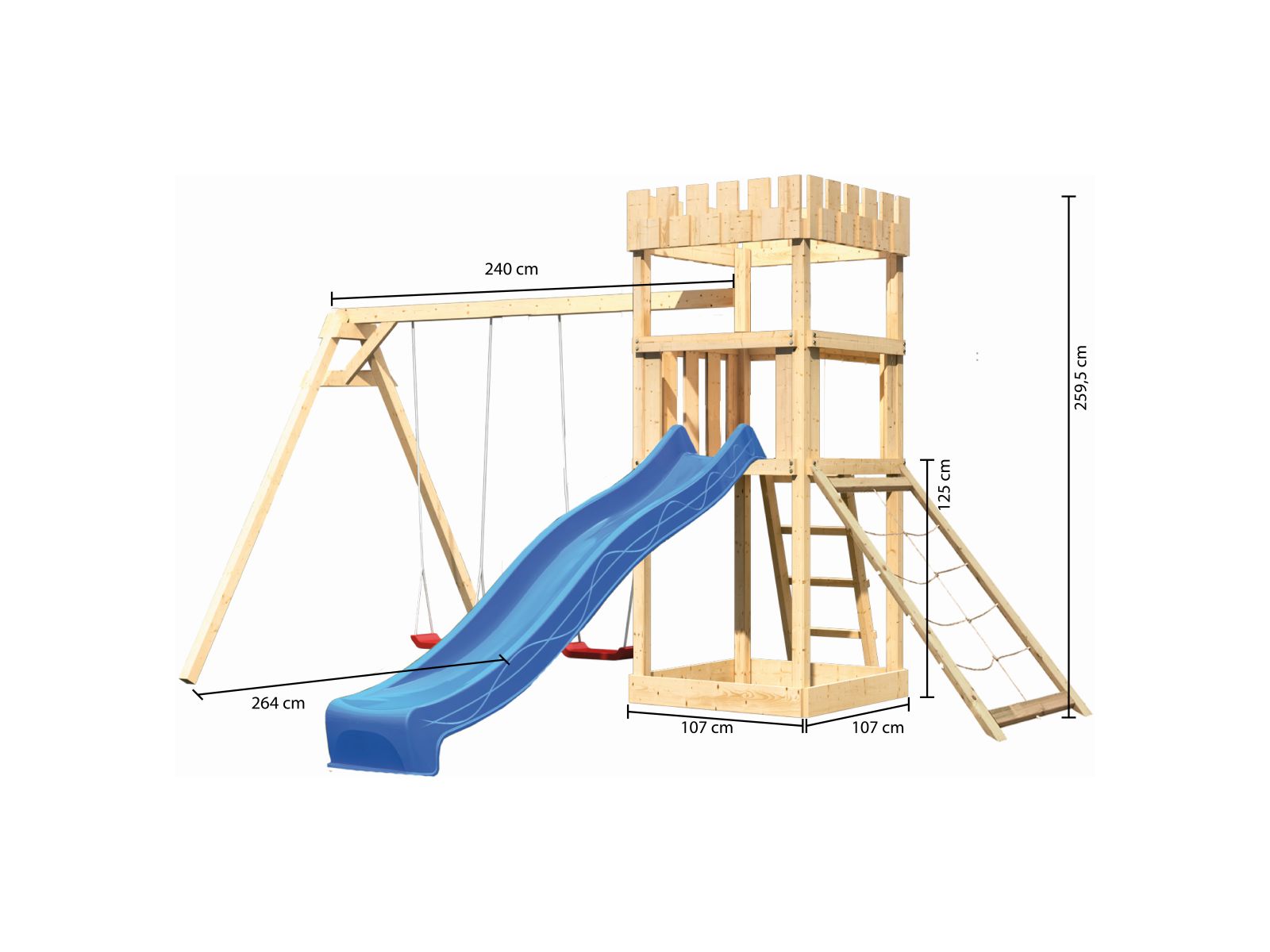 Karibu Ritterburg Löwenherz + Rutsche + Doppelschaukel + Netzrampe