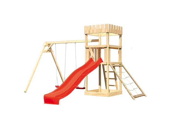 Karibu Ritterburg Löwenherz + Rutsche + Doppelschaukel + Netzrampe