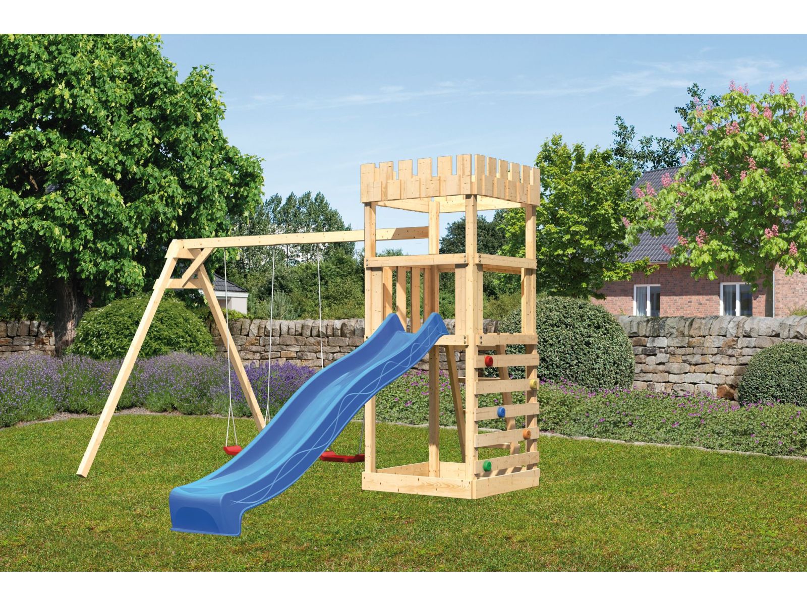 Karibu Ritterburg Löwenherz + Rutsche + Doppelschaukel + Kletterwand