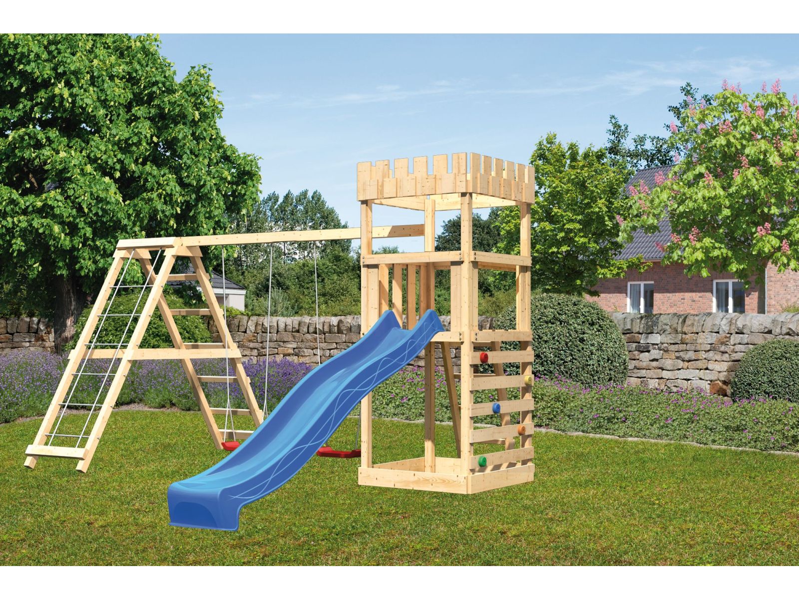 Karibu Ritterburg Löwenherz + Rutsche + Doppelschaukelanbau Klettergerüst + Kletterwand