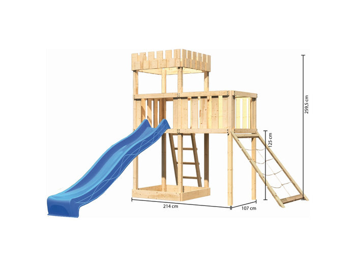 Karibu Ritterburg Löwenherz + Rutsche + Anbauplattform + Netzrampe