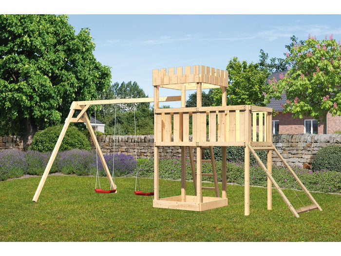 Karibu Ritterburg Löwenherz + Doppelschaukel + Anbauplattform + Netzrampe