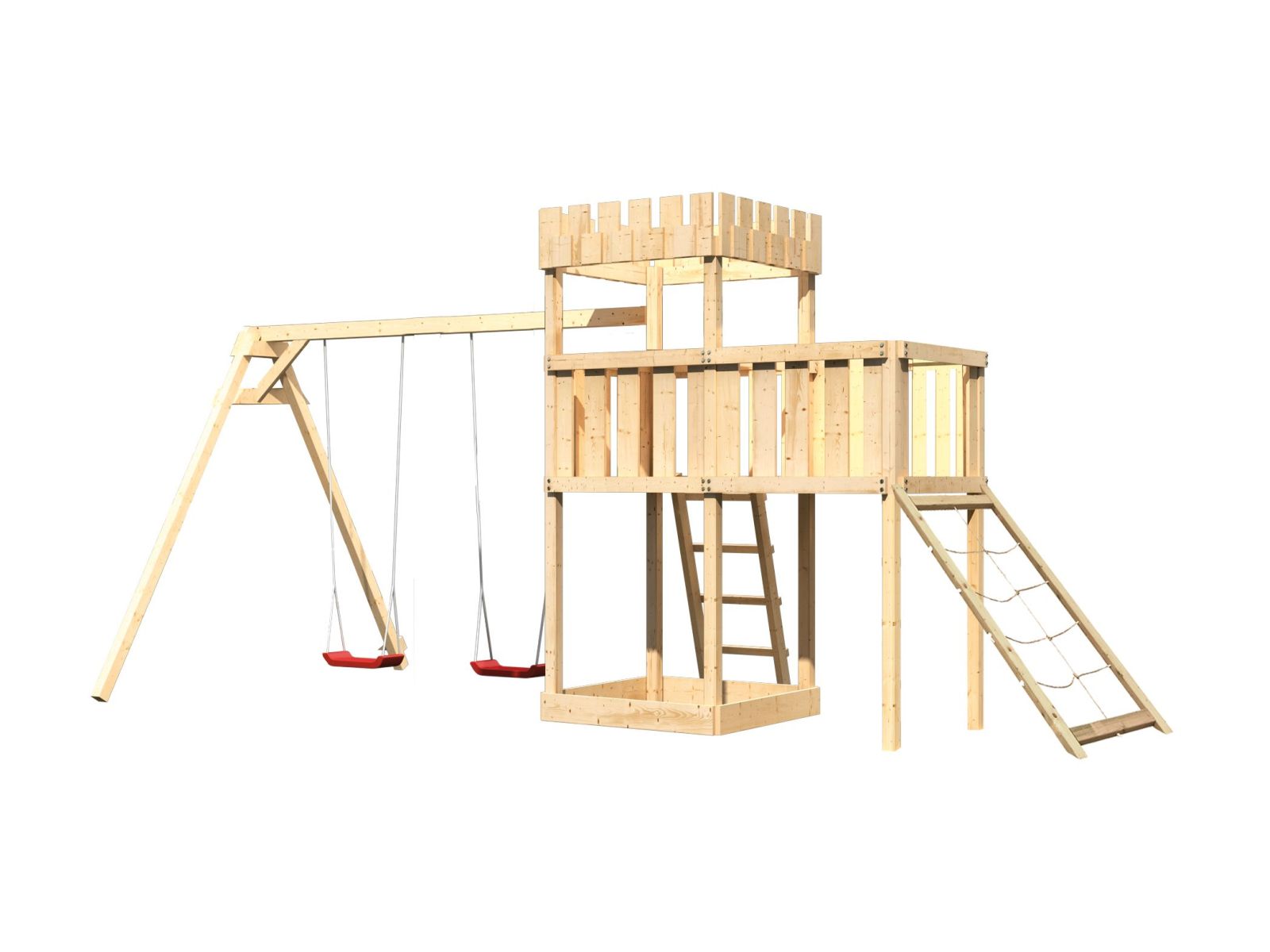 Karibu Ritterburg Löwenherz + Doppelschaukel + Anbauplattform + Netzrampe