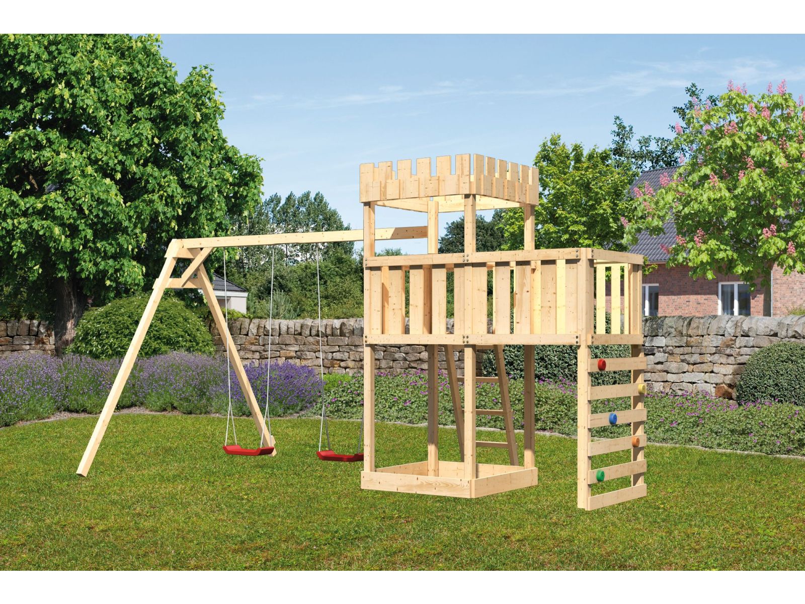 Karibu Ritterburg Löwenherz + Doppelschaukel + Anbauplattform + Kletterwand