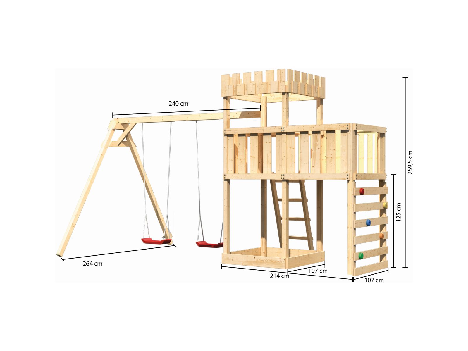 Karibu Ritterburg Löwenherz + Doppelschaukel + Anbauplattform + Kletterwand