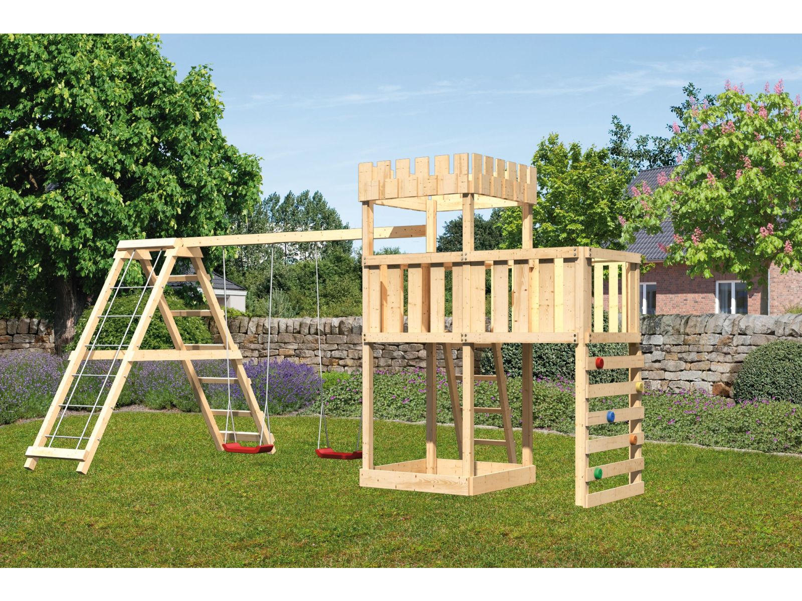 Karibu Ritterburg Löwenherz + Doppelschaukelanbau Klettergerüst + Anbauplattform + Kletterwand