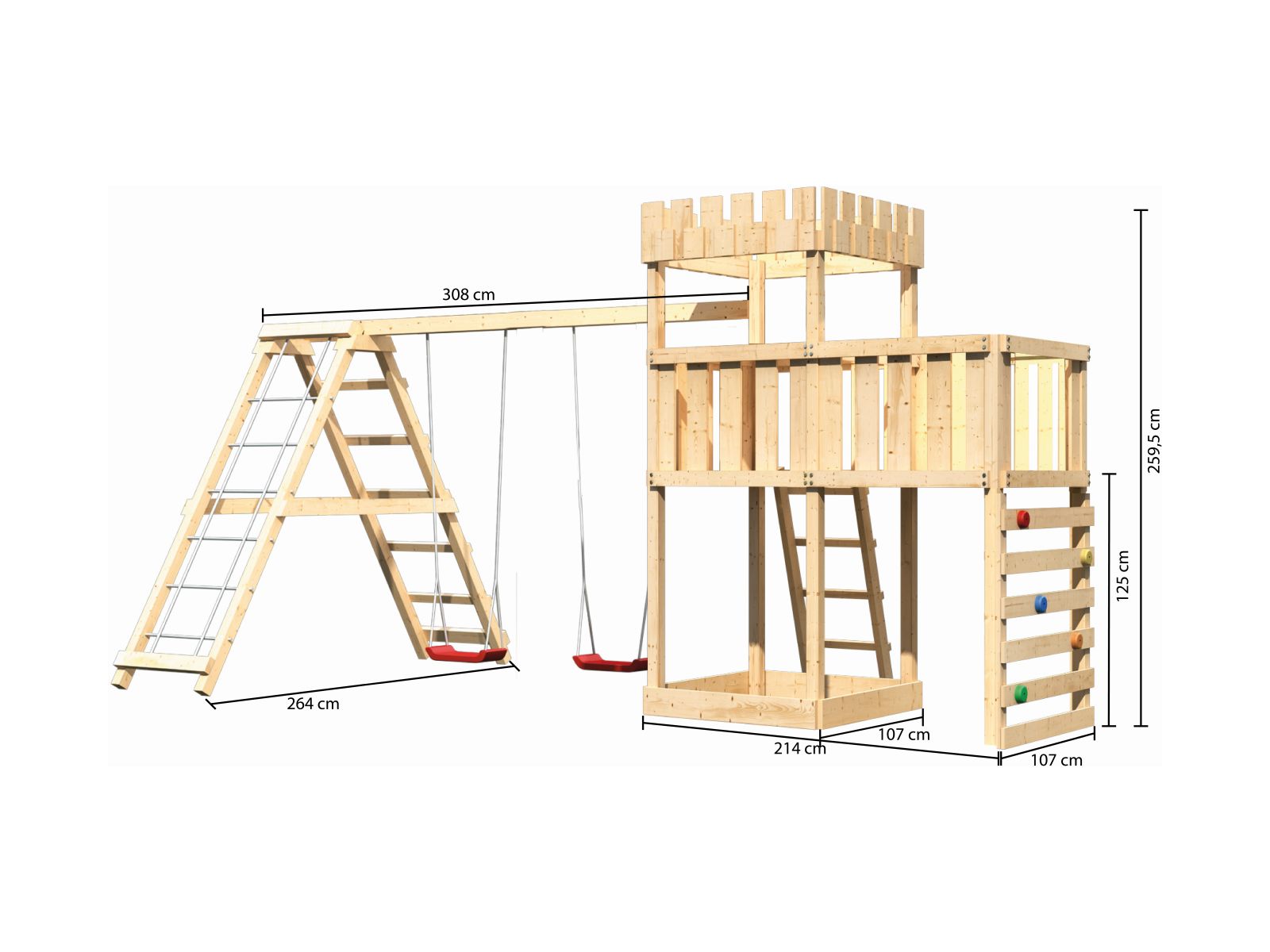 Karibu Ritterburg Löwenherz + Doppelschaukelanbau Klettergerüst + Anbauplattform + Kletterwand