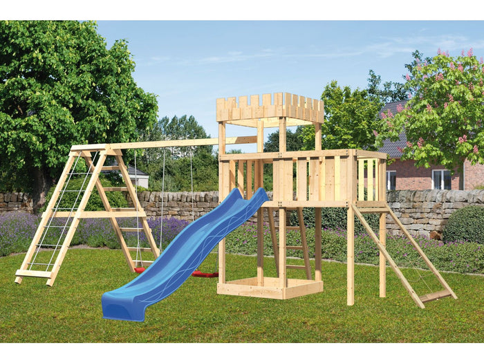 Karibu Ritterburg Löwenherz + Rutsche + Doppelschaukelanbau Klettergerüst + Anbauplattform + Netzram