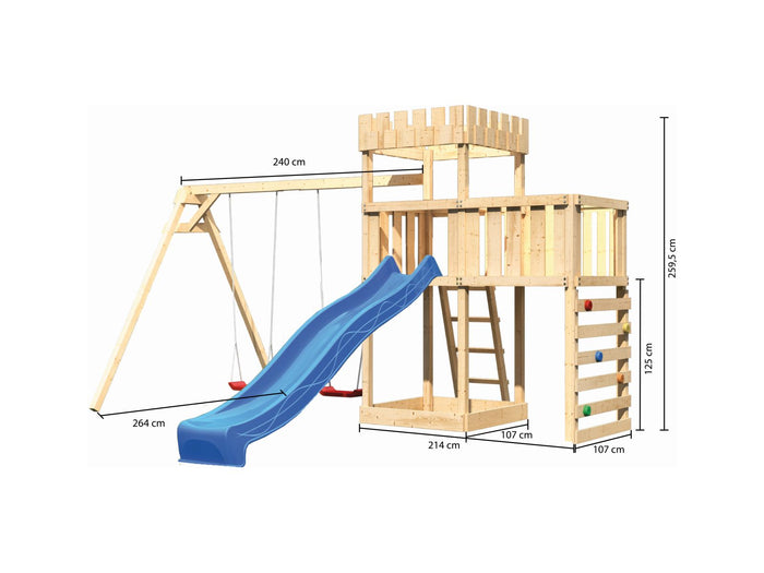 Karibu Ritterburg Löwenherz + Rutsche + Doppelschaukel + Anbauplattform + Kletterwand