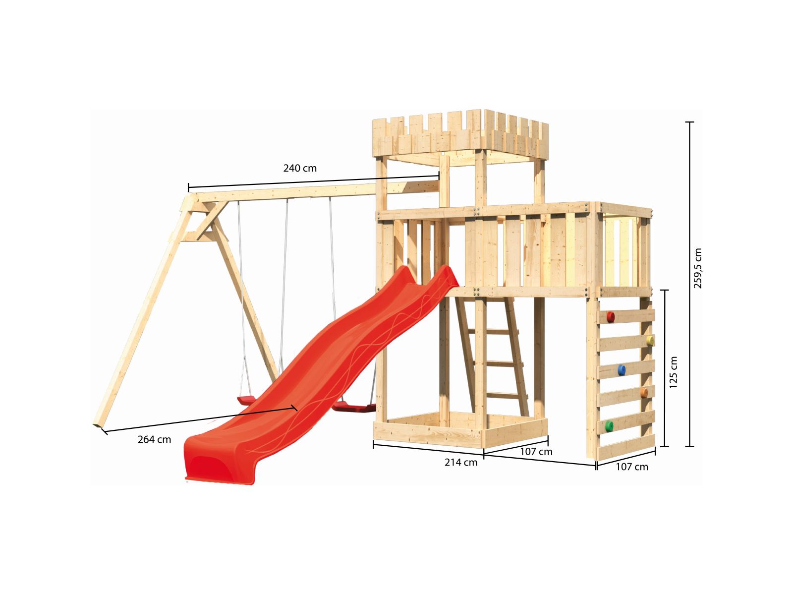 Karibu Ritterburg Löwenherz +Rutsche + Doppelschaukel + Anbauplattform + Kletterwand