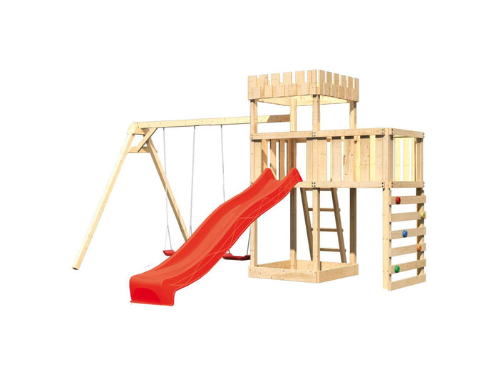 Karibu Ritterburg Löwenherz +Rutsche + Doppelschaukel + Anbauplattform + Kletterwand