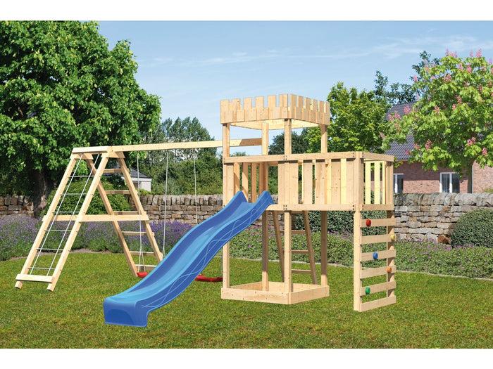 Karibu Ritterburg Löwenherz + Rutsche + Doppelschaukelanbau Klettergerüst + Anbauplattform + Kletter